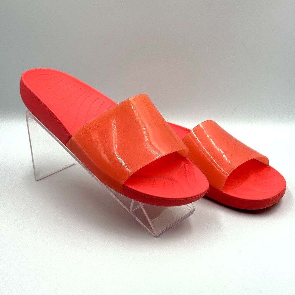 Crocs Classic Slide Womens 7 Coral Pink Glossy Translucent Slide Sandals Pre-own